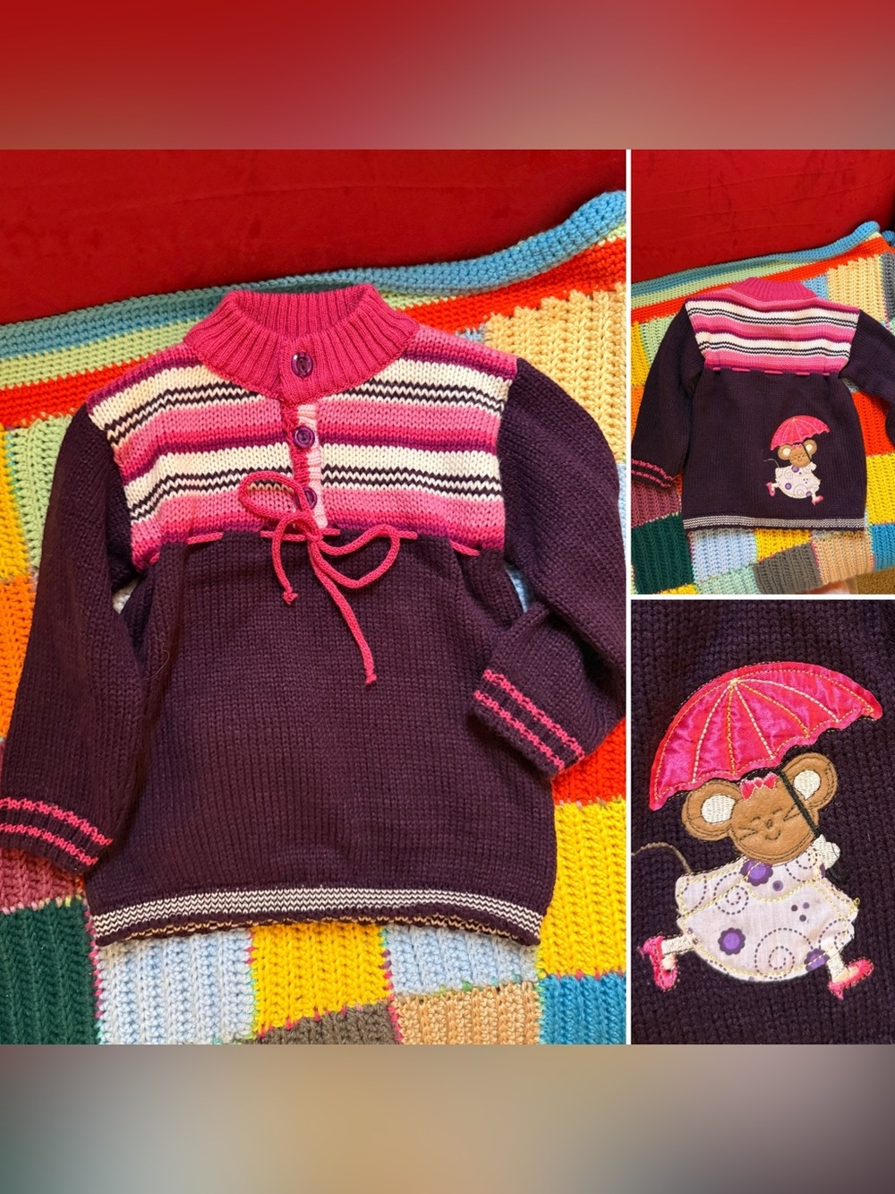 Vintage Purple Knit Kids Sweater with Pink Stripes and Embroidered Mouse